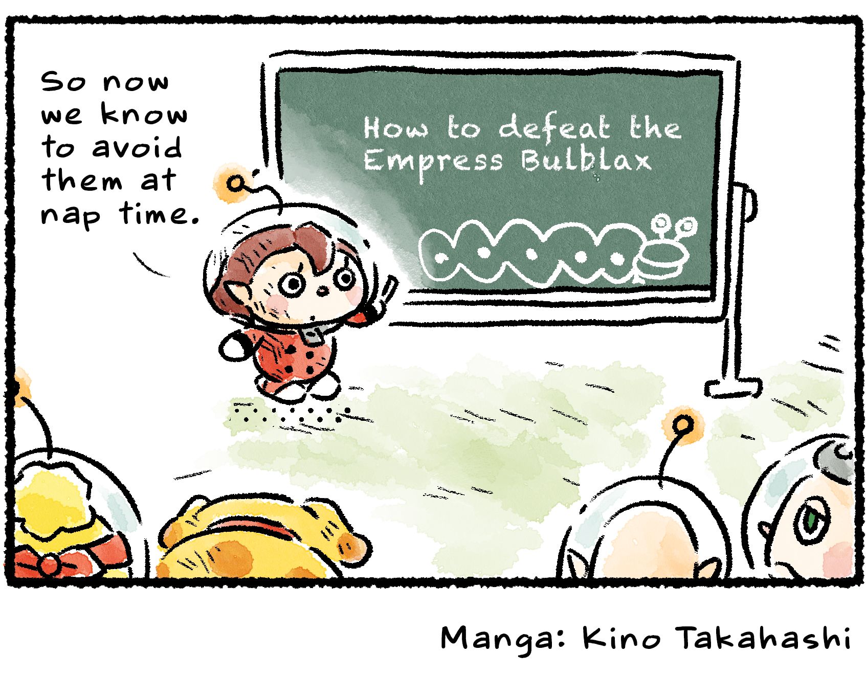 Panel four. The Rescue Officer is back at the same blackboard. "So now we know to avoid them at nap time," she says to the class, which no longer contains any Pikmin.