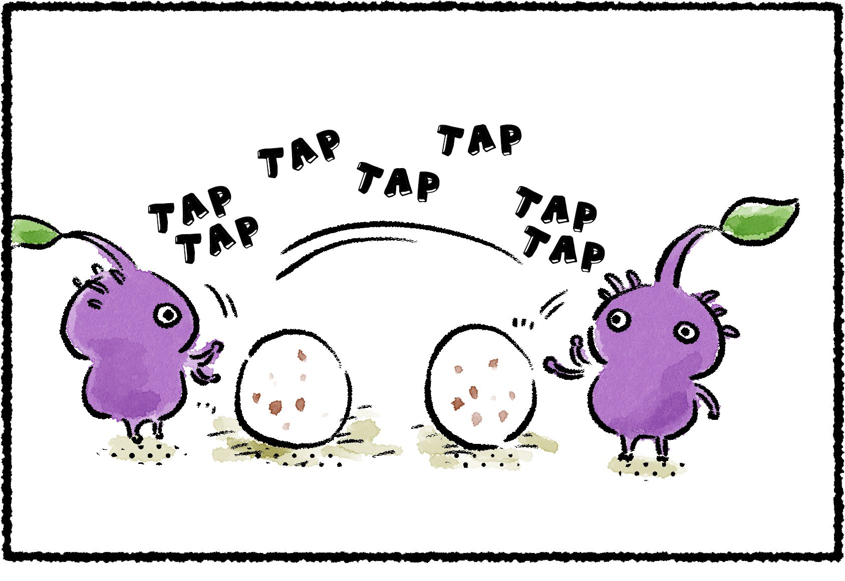 Panel one. Two Purple Pikmin gently tap on two nectar eggs. 