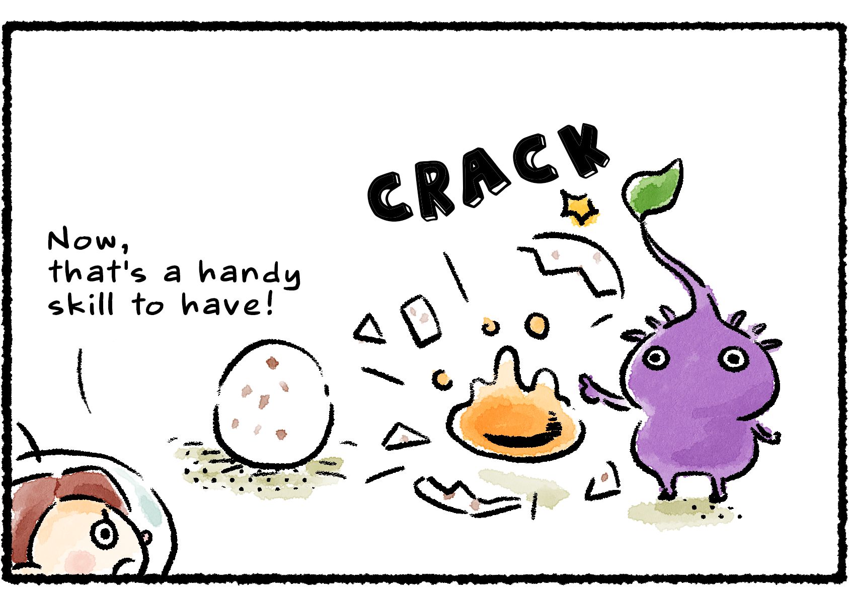Panel two. A Purple Pikmin's tapping causes one of the eggs to crack open and reveal the nectar within. "Now, that's a handy skill to have!" a Rescue Officer says, looking on.