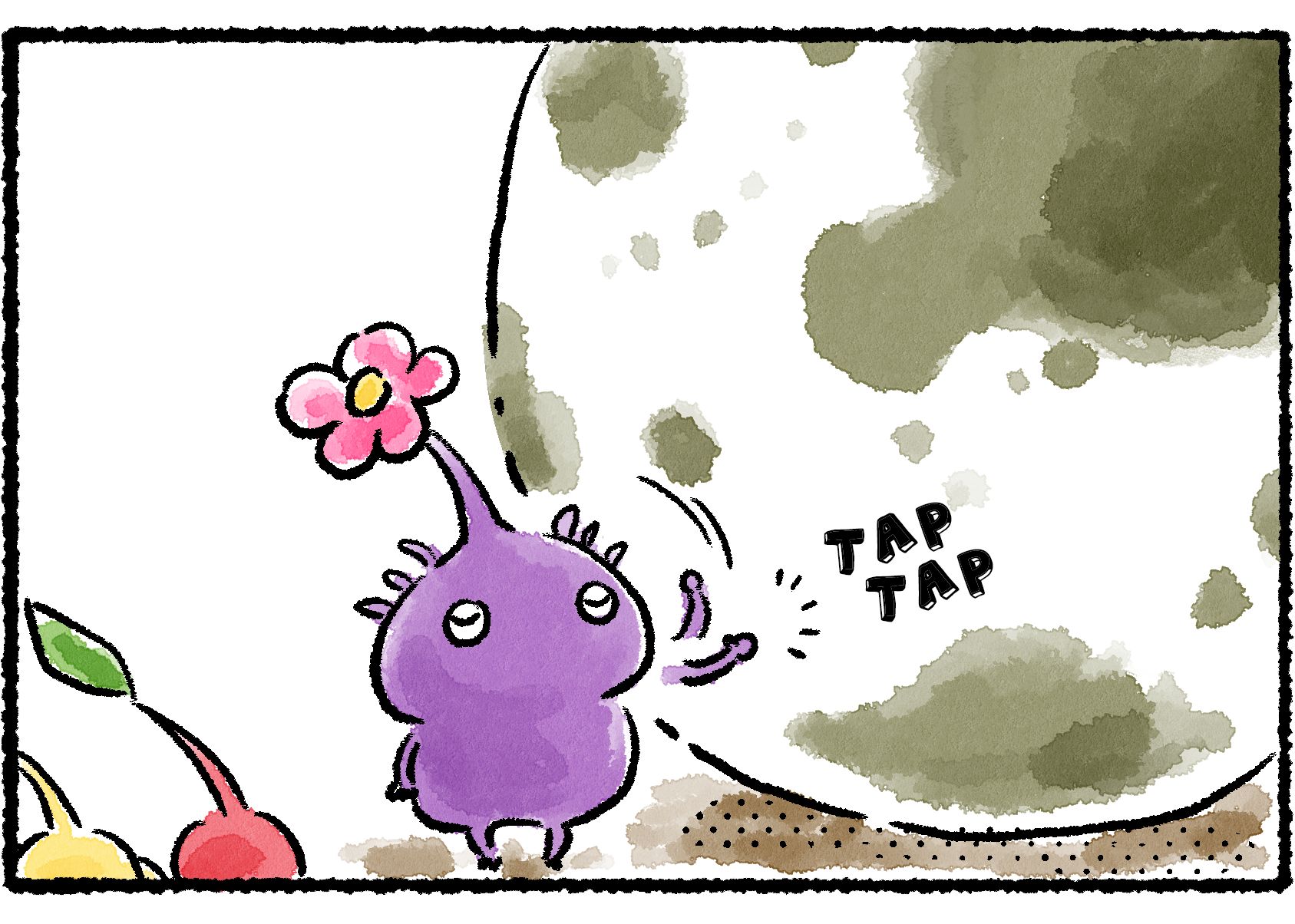 Panel three. A Yellow and Red Pikmin watch as a Purple Pikmin taps on a much larger egg.