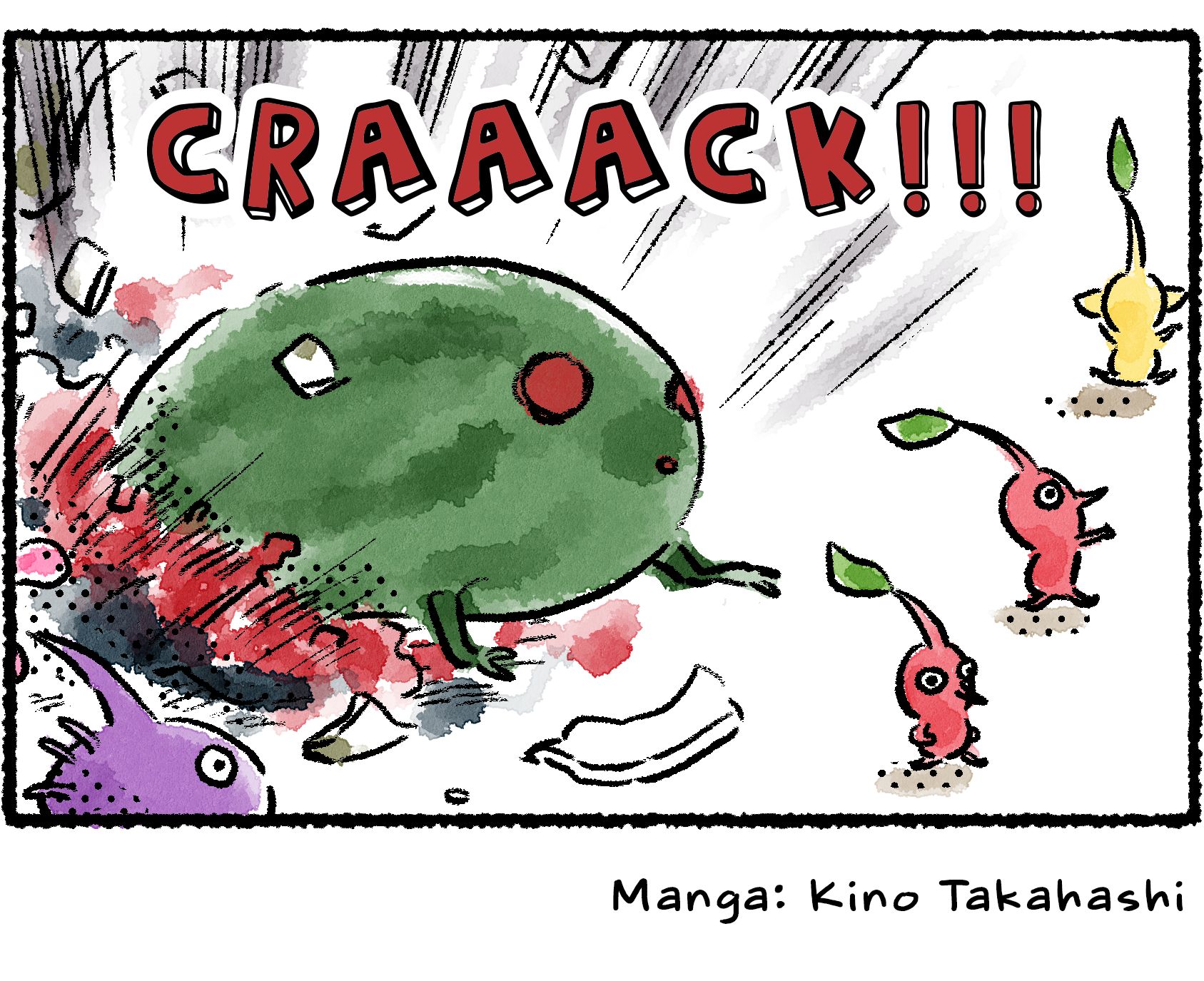 Panel four. The massive egg cracks open and a Smoky Progg emerges. The Pikmin flee in fear.