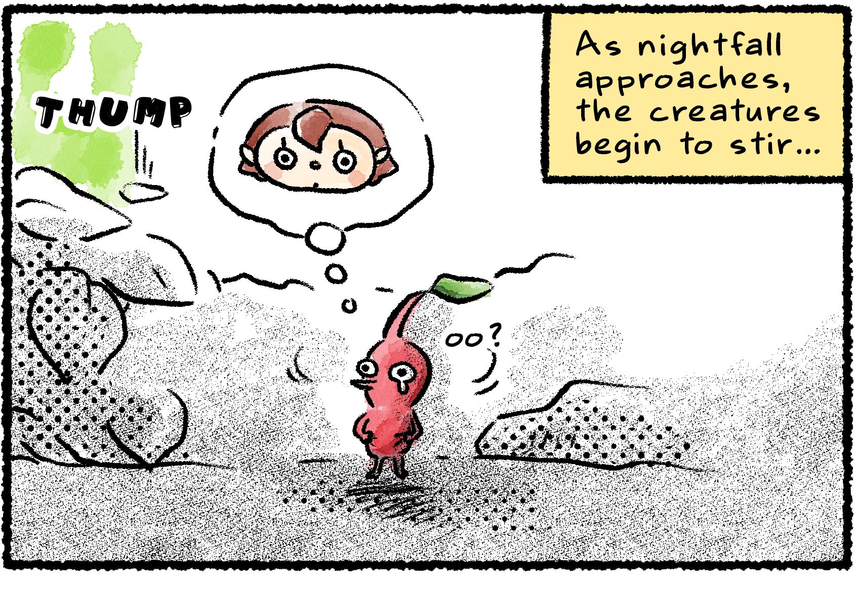 Panel one. A scared Red Pikmin is lost and unable to find a Rescue Officer. Narrator text reads: "As nightfall approaches, the creatures begin to stir..." A huge creature, glowing green, approaches from the distance with thumping footsteps.