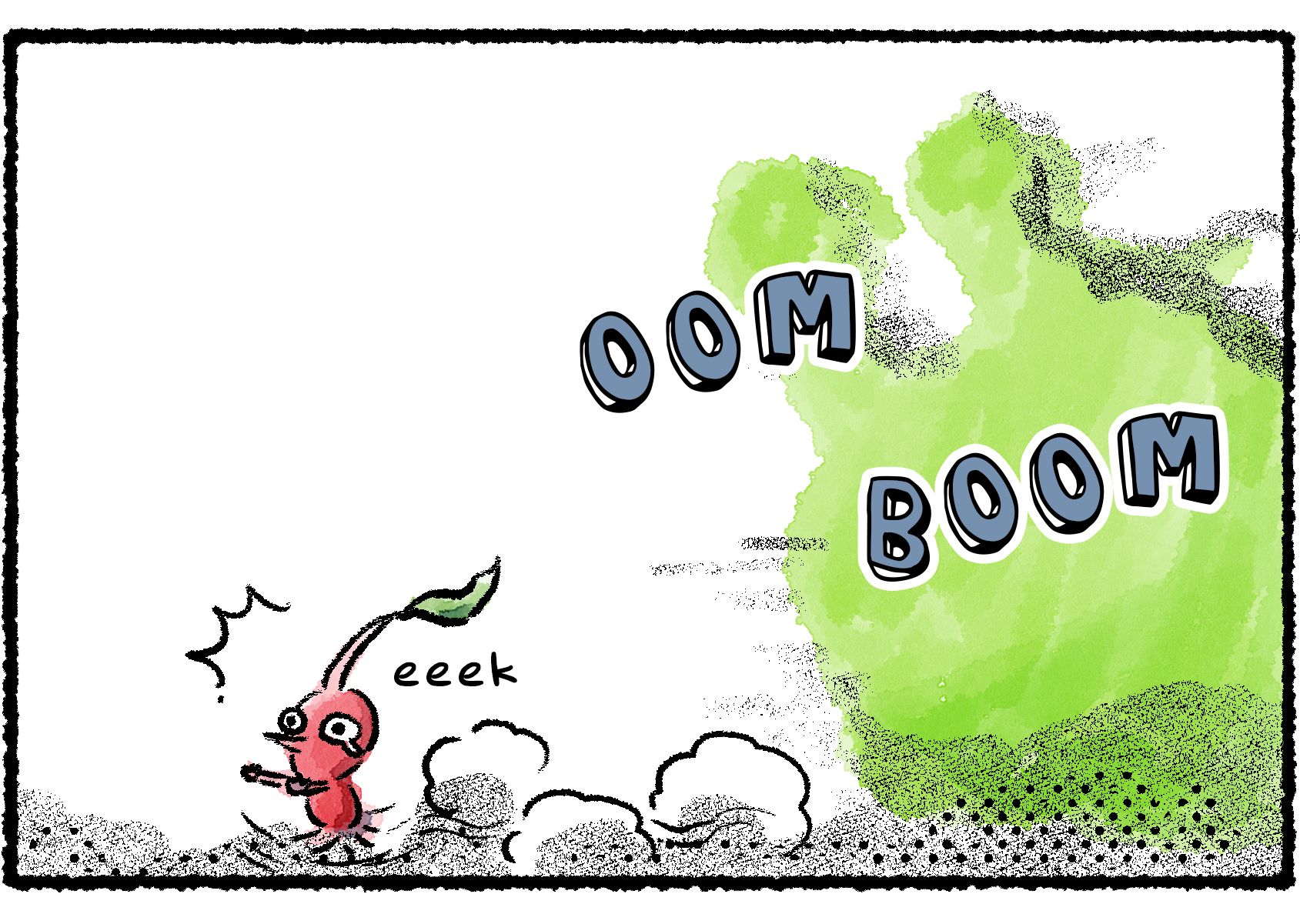 Panel two. The Red Pikmin flees in fear as it is chased by what appears to be a glowing green creature with a blurry, Bulborb-like silhouette.