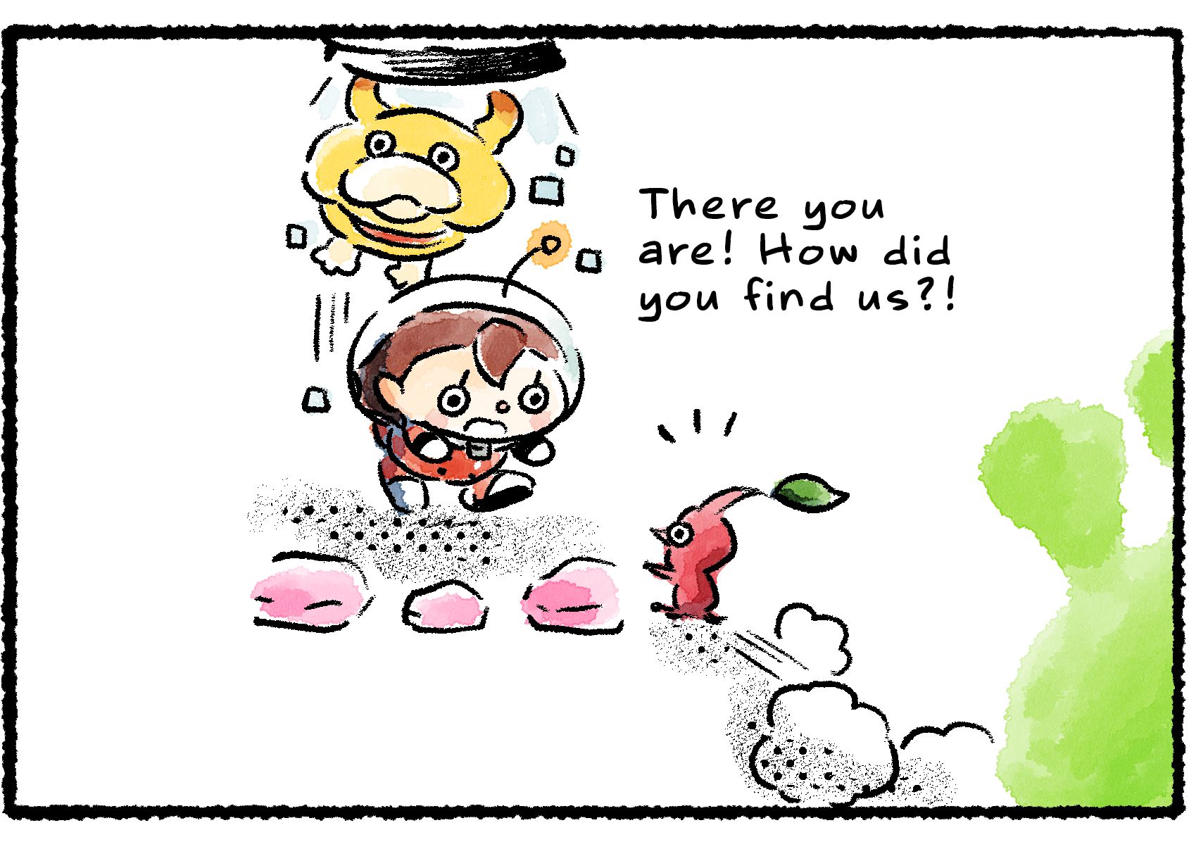 Panel three. With the green creature looming behind, the Pikmin reaches Oatchi and the Rescue Officer safely. "There you are!" the Rescue Officer says. "How did you find us?!"