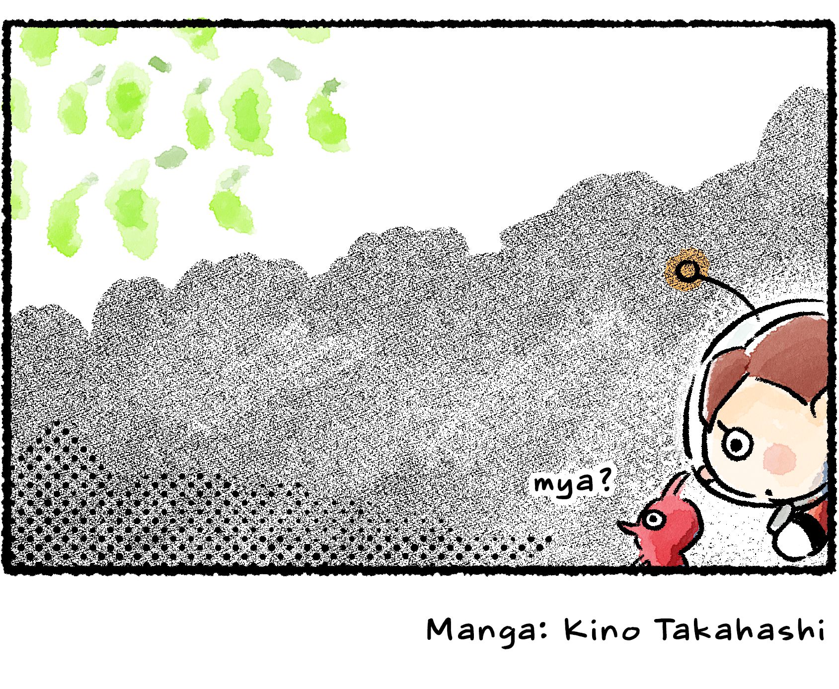 Panel four. The Rescue Officer and Pikmin look on as the glowing green shape reveals itself to be a group of Glow Pikmin. They were chasing the Red Pikmin in the right direction on purpose.