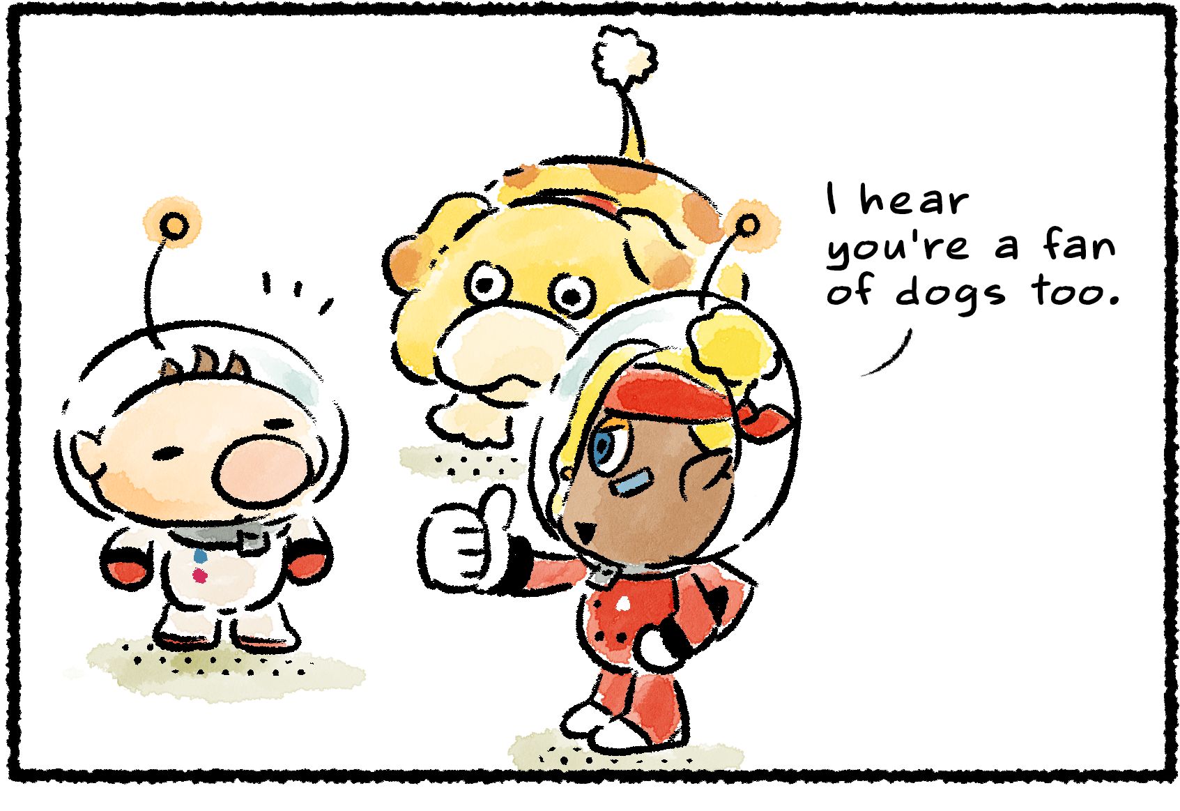 Panel one. Shepherd points to Oatchi with her thumb while chatting with Olimar. "I hear you're a big fan of dogs too," she says.