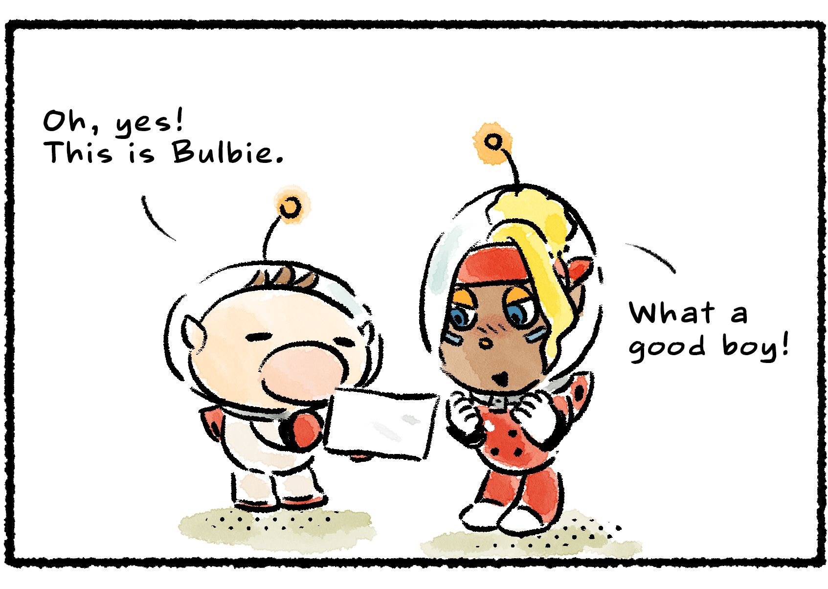 Panel two. Olimar shows Shepherd a photo. "Oh, yes!" he says. "This is Bulbie." Shepherd looks at the photo and says, "What a good boy!"