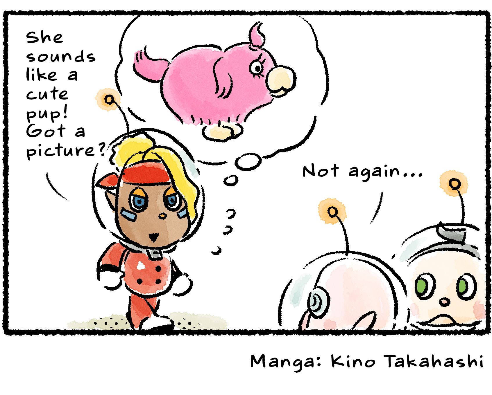 Panel four. Shepherd, only overhearing their conversation as a vague "Blah blah," imagines a Rescue Pup with long pink hair. "She sounds like a cute pup!" she says to them. "Got a picture?" Russ, annoyed, says "Not again..."