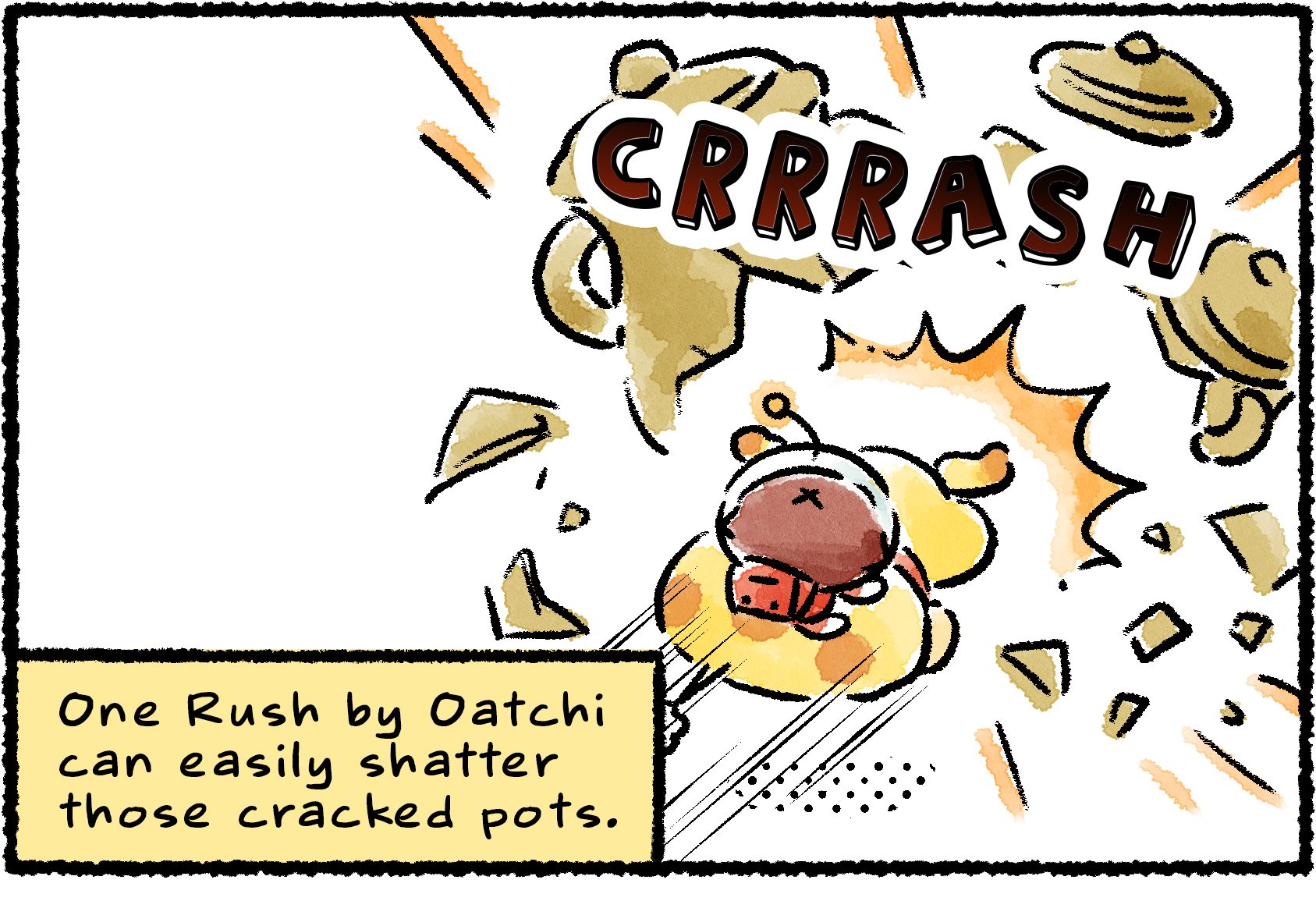 Panel one. Oatchi, with a Rescue Officer riding on his back, crashes through a pot. Narrator text reads, "One Rush by Oatchi can easily shatter those cracked pots."