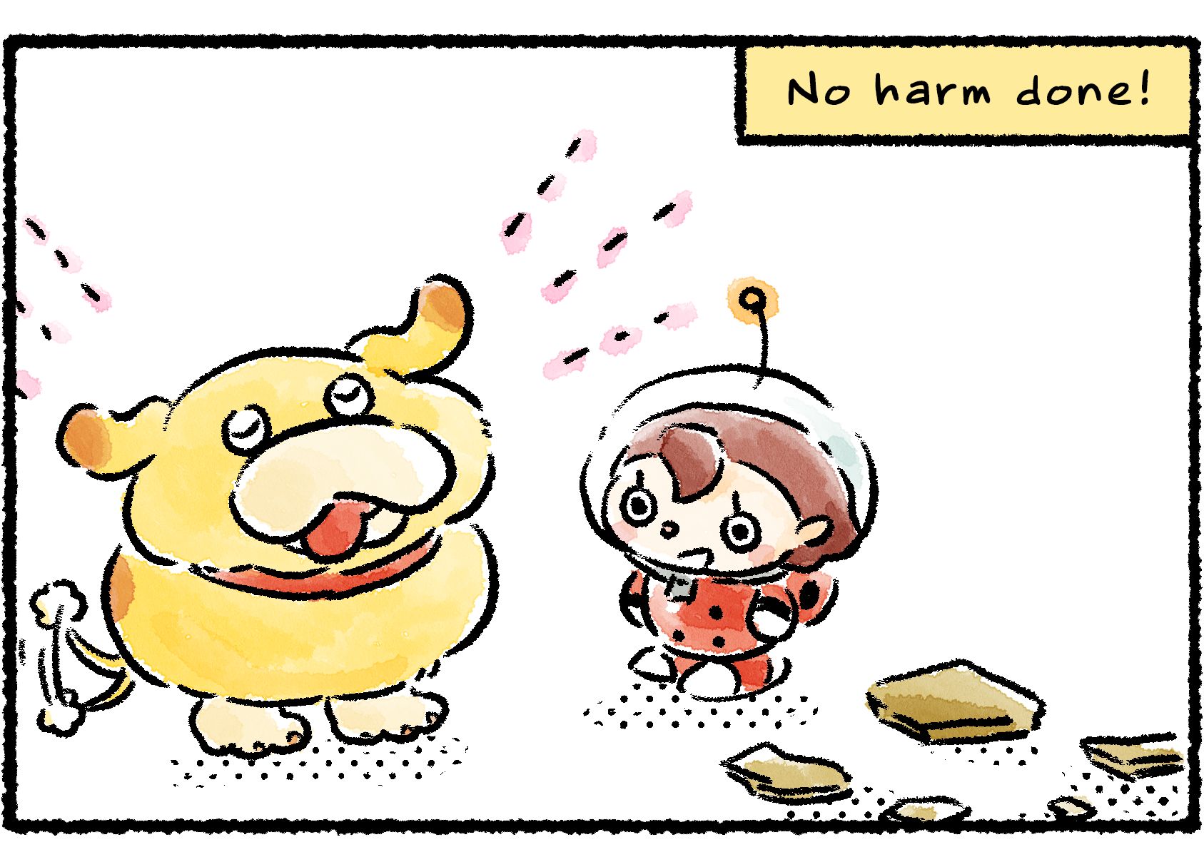 Panel two. Oatchi poses proudly amid the shattered pieces of pot, with narrator text that reads "No harm done!" The Rescue Officer muses, "Oatchi's head must be hard as a rock!"