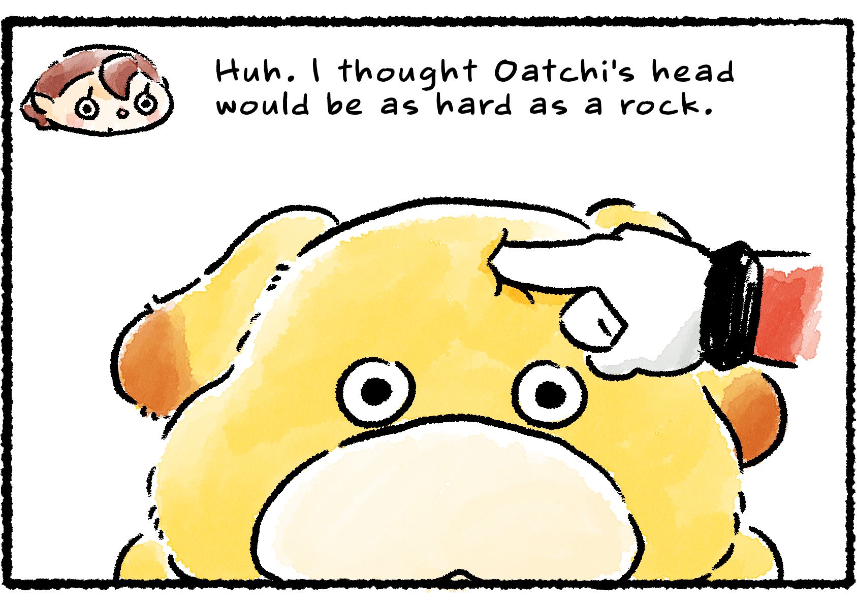 Panel three. The Rescue Officer gently pokes Oatchi's forehead, revealing it to be quite soft and squishy.