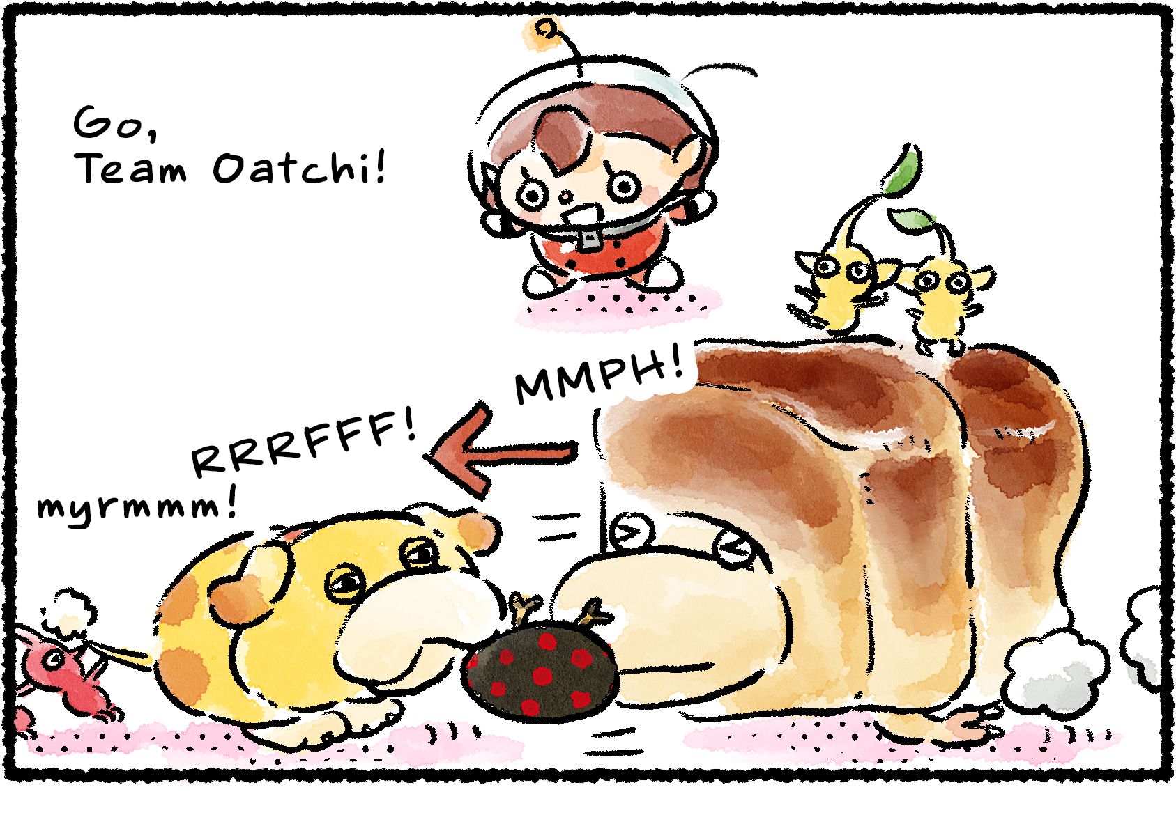 Panel one. Oatchi and a Giant Breadbug are competing in a tug of war. Two Yellow Pikmin cheer from the Breadbug's back. A Red Pikmin tugs on Oatchi's tail. "Go, Team Oatchi!" a Rescue Officer says.