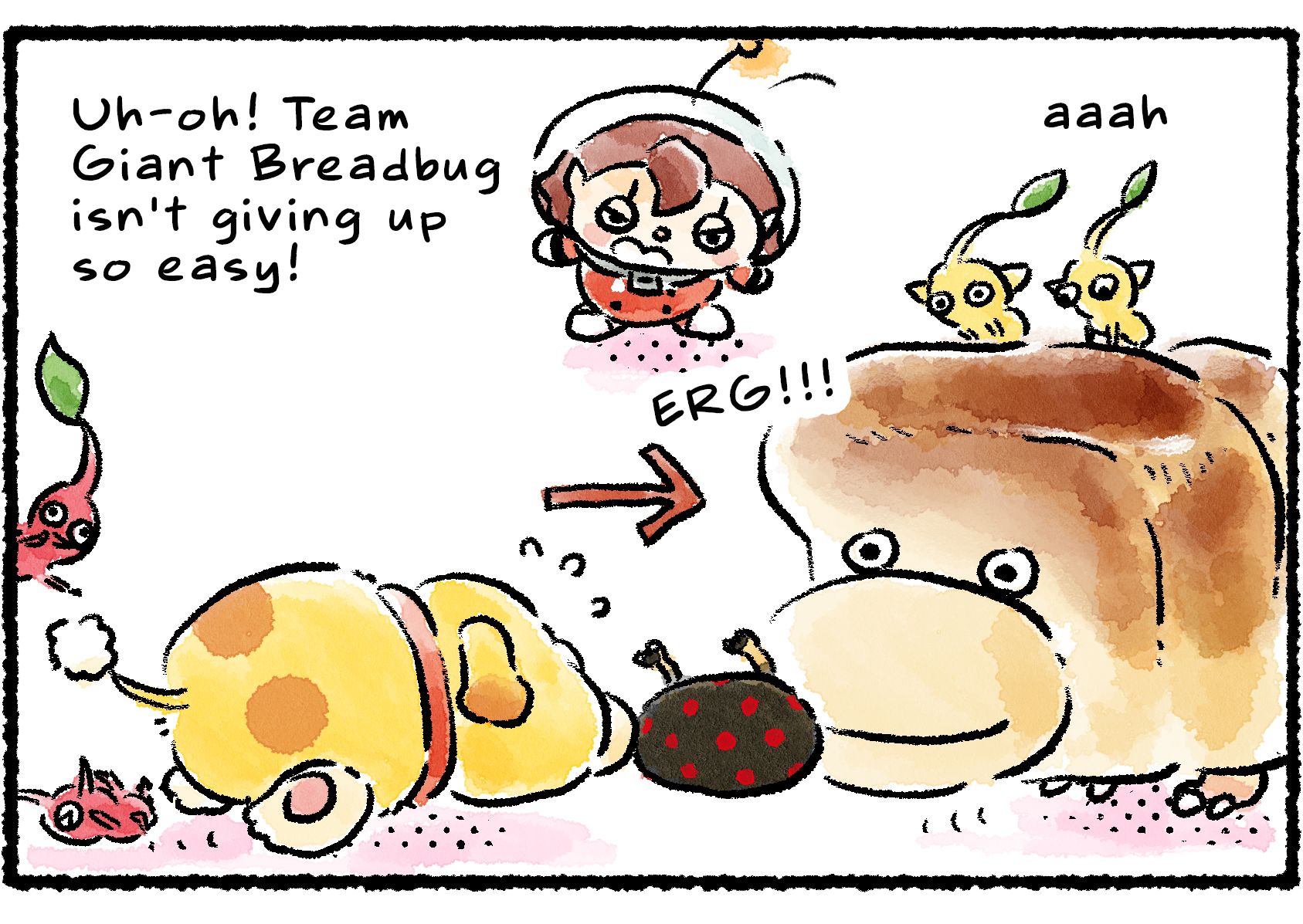Panel two. The tug of war intensifies. "Uh-oh!" the Rescue Officer says. "Team Giant Breadbug isn't giving up so easy!" The Red Pikmin hanging onto Oatchi's tail falls over.