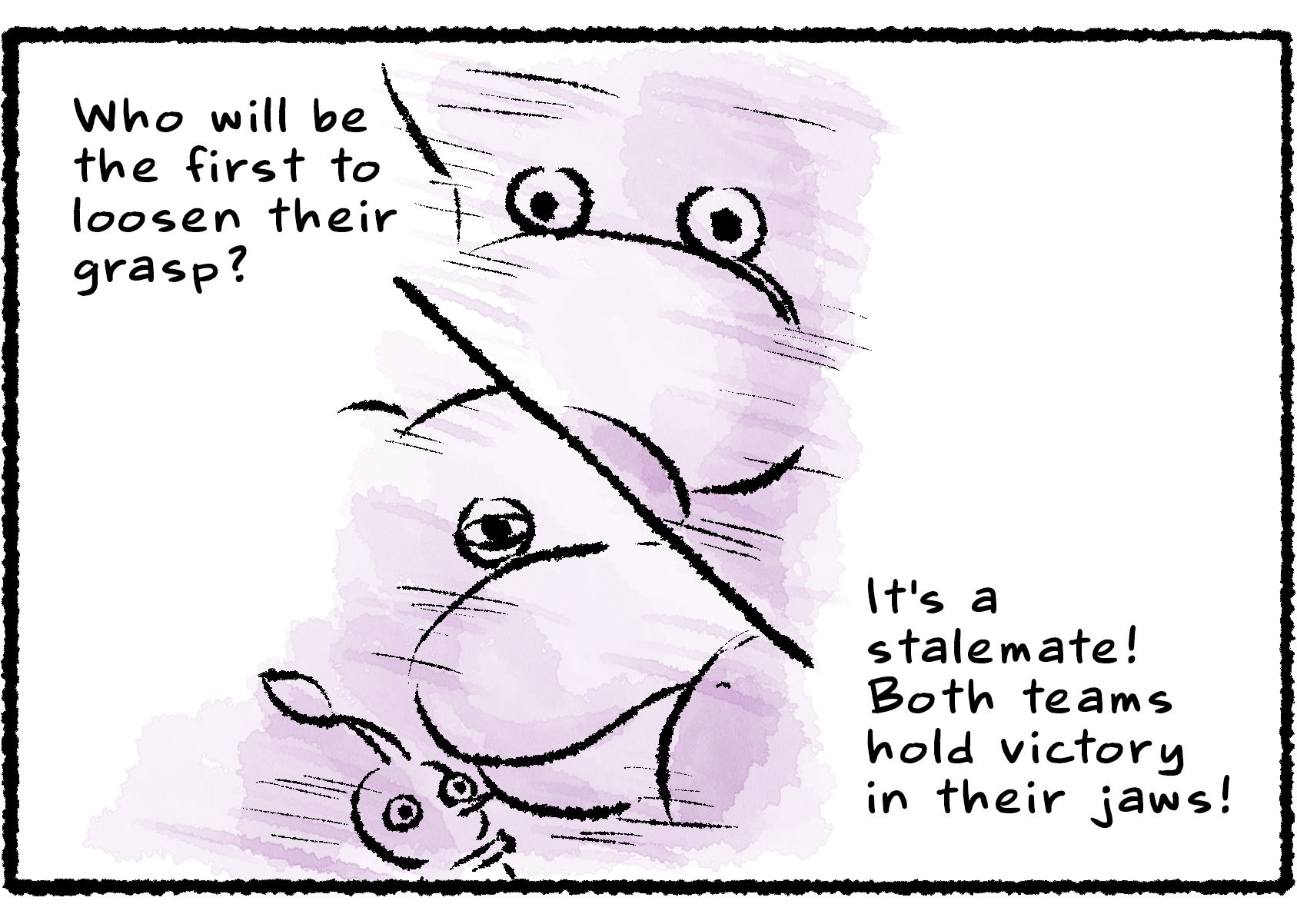 Panel three. The Breadbug and Oatchi's faces are shown in stylized contrast. Narrator's text reads: "The fierce battle has reached a stalemate! Both teams hold victory in their jaws! Who will be the first to loosen their grasp?"