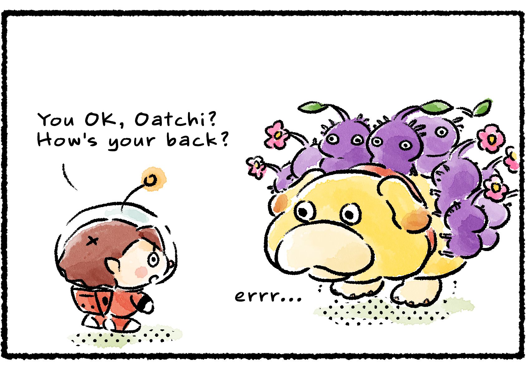 Panel two. Oatchi is carrying a whole crowd of Purple Pikmin. "You OK, Oatchi?" a Rescue Officer asks. "How's your back?" Oatchi seems fine.