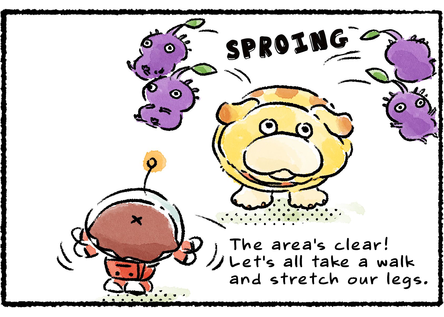 Panel three. "The area's clear!" the Rescue Officer says. "Let's all take a walk and stretch our legs." The Purple Pikmin leap off of Oatchi's back.