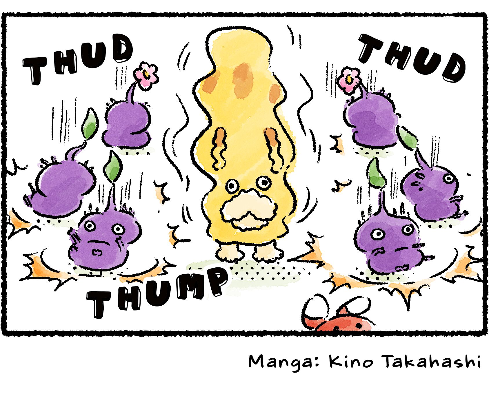 Panel four. The Purple Pikmin all land with such a heavy impact that the Rescue Officer is knocked off her feet. Oatchi vibrates so hard that the top of his body wiggles and stretches high up into the air.