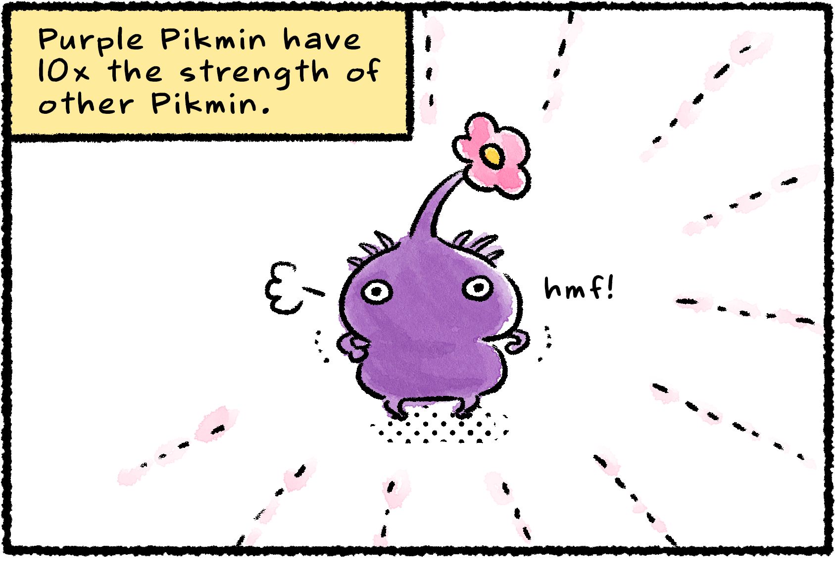 Panel one. A Purple Pikmin flexes. Narrator text reads, "Purple Pikmin have 10x the strength of other Pikmin."