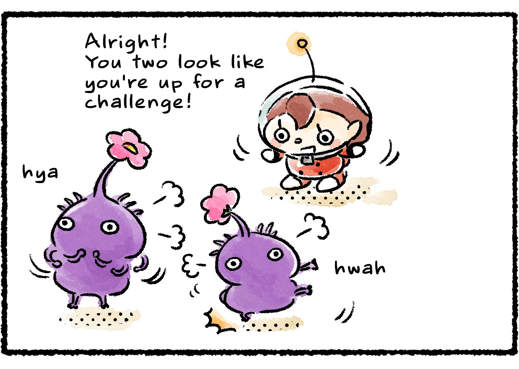 Panel two. A Rescue Officer approaches two Purple Pikmin. "Alright!" she says. "You two look like you're up for a challenge!" One Purple Pikmin stretches in anticipation, while the other trembles with excitement.