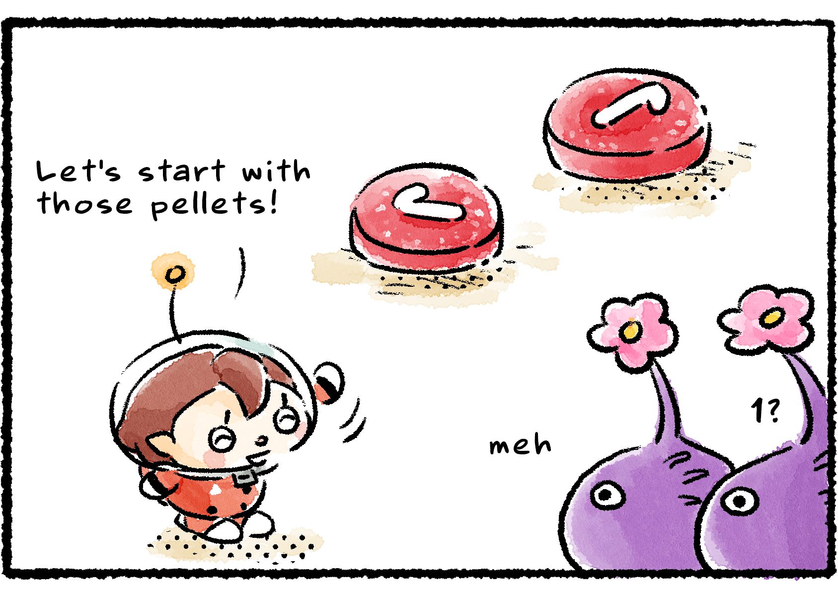 Panel three. The Rescue Officer leads the Purple Pikmin to a couple of red 1 pellets. "Let's start with those pellets!" she says. The Purple Pikmin are unimpressed. "1?" they seem to say. "Meh..."