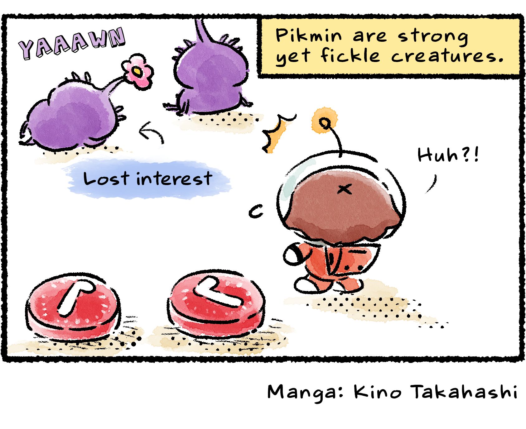 Panel four. The Purple Pikmin laze around, having no interest in carrying such small pellets. "Huh?!" the Rescue Officer says. Narrator text reads: "Pikmin are strong yet fickle creatures."