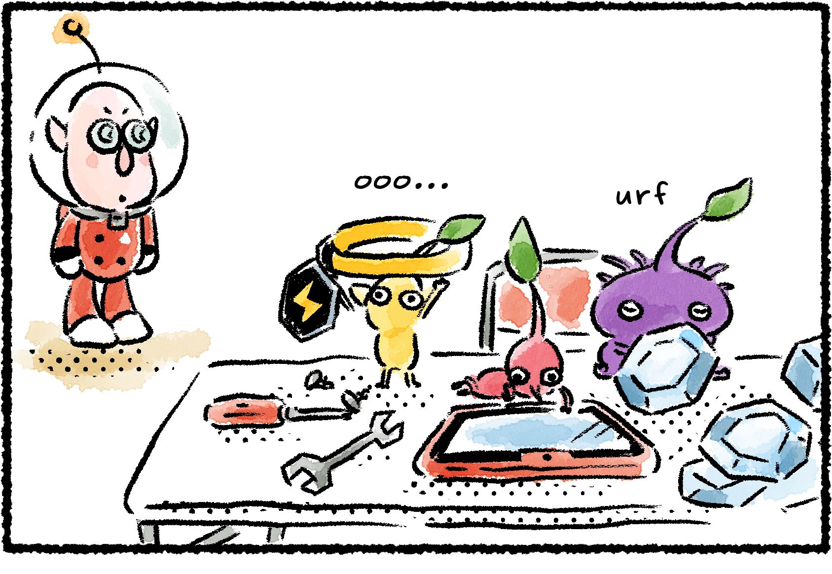 Panel one. Russ arrives at his workstation to find that the Pikmin are touching his things. A Yellow Pikmin holds up an Anti-Electrifier. A Red Pikmin pokes away at his tablet. A Purple Pikmin picks up some raw materials.