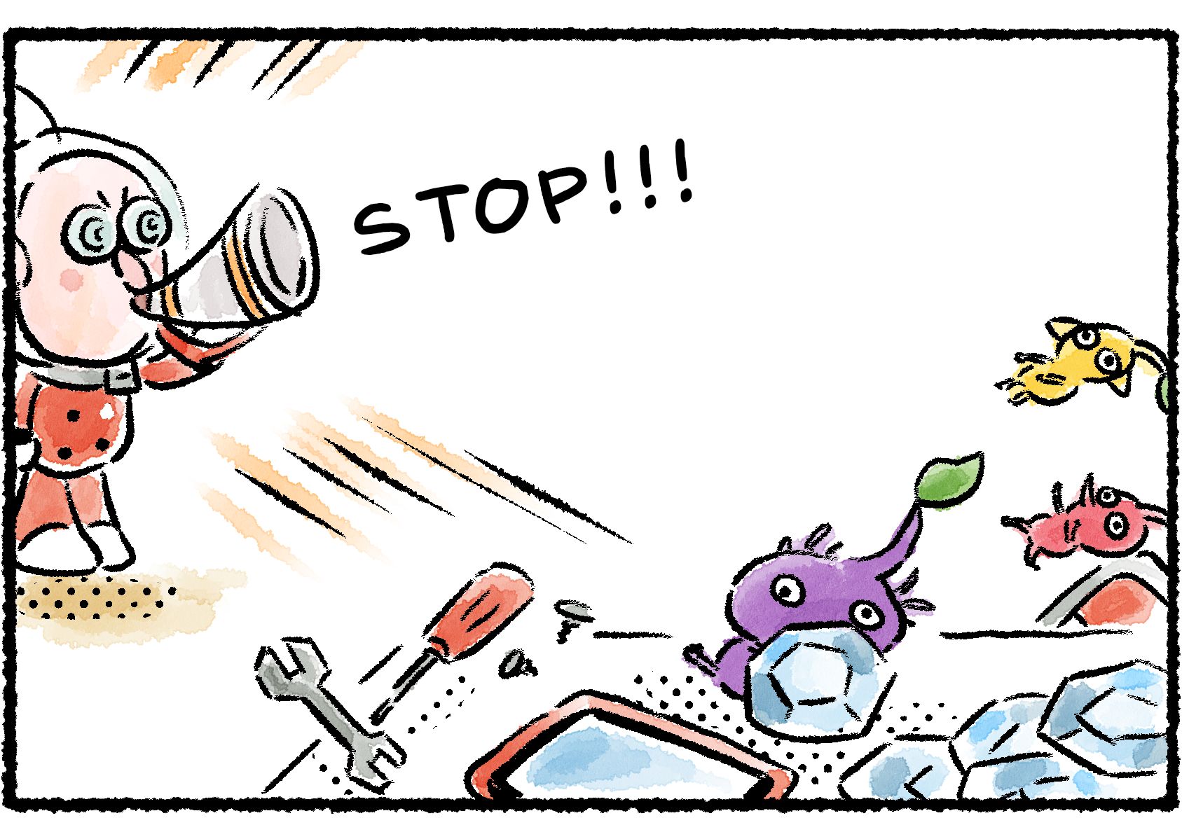 Panel two. Russ pulls out a bullhorn and yells "STOP!!!" His cry is so loud it blows the Pikmin around.