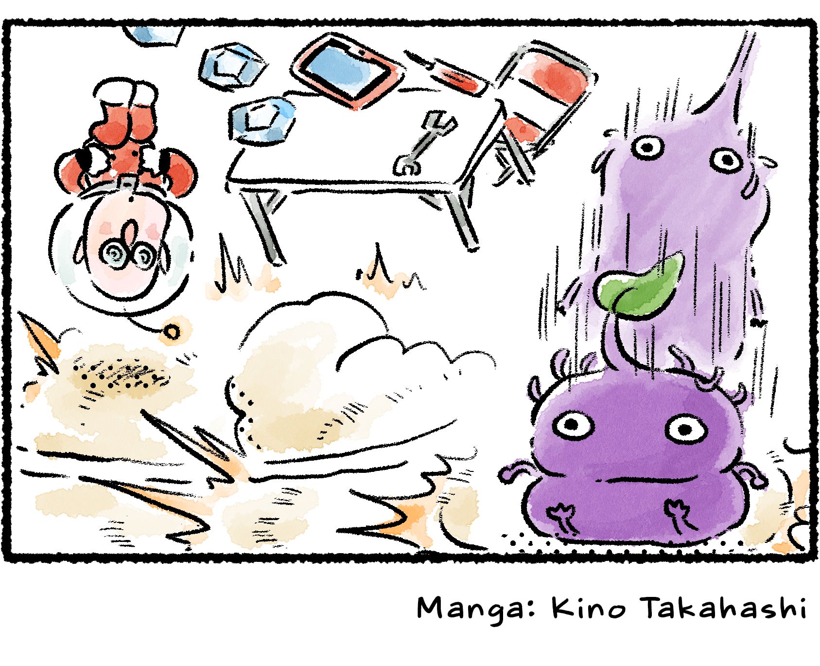 Panel four. Without crossing the line, the Purple Pikmin jumps. Its crash to the ground causes a quake that completely upends Russ, his worktable, and all his things.