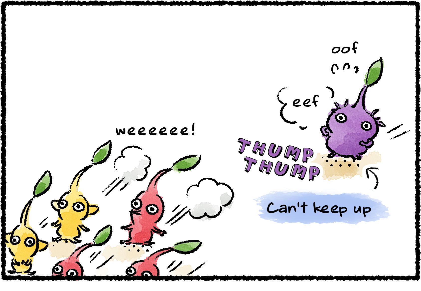 Panel one. A crowd of Red and Yellow Pikmin hurries along, while a Purple Pikmin struggles to keep up.