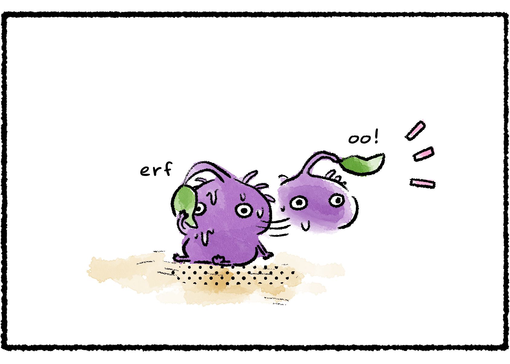 Panel two. The Purple Pikmin sits on the ground, exhausted. It starts looking around.