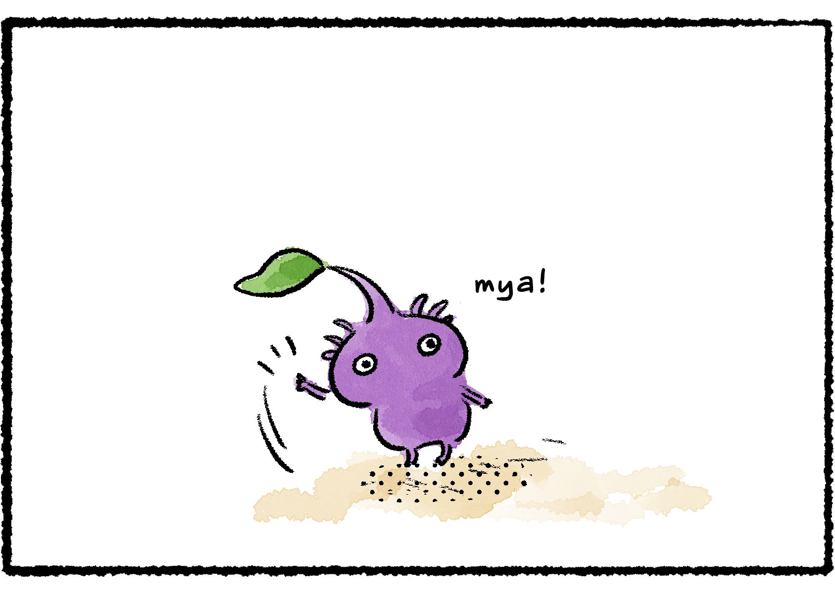 Panel three. The Purple Pikmin stands up and, looking at something approaching from the side, lifts up a hand as if hailing a taxi.