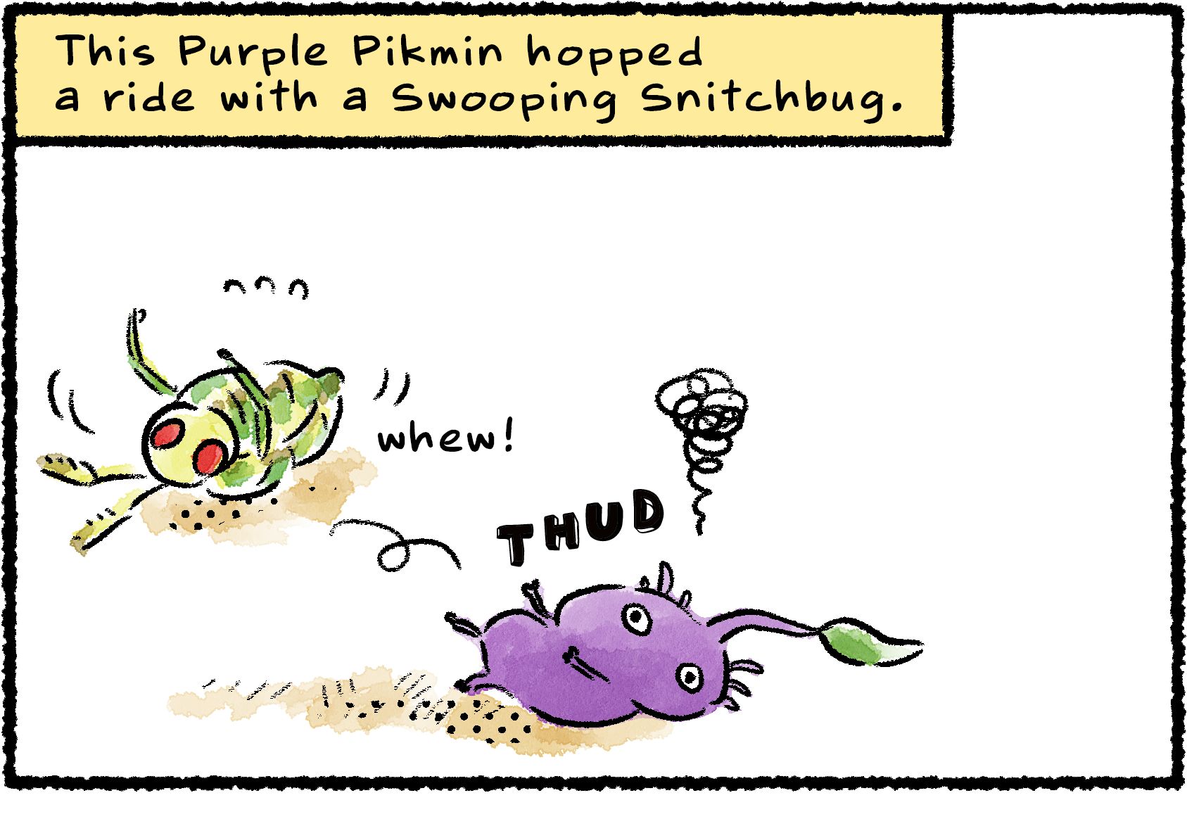 Panel one. A Purple Pikmin and Swooping Snitchbug lie on the ground exhausted. Narrator text reads: "This Purple Pikmin hopped a ride with a Swooping Snitchbug.