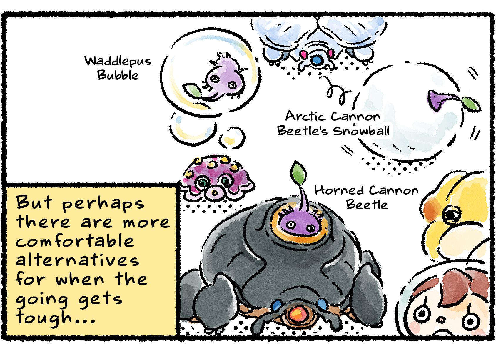 Panel two. The Purple Pikmin is hitching rides with other creatures: in a bubble blown by a Waddlepus, in a snowball shot out by an Arctic Cannon Beetle, and in the top of a Horned Cannon Beetle. Oatchi and a Rescue Officer are unamused.