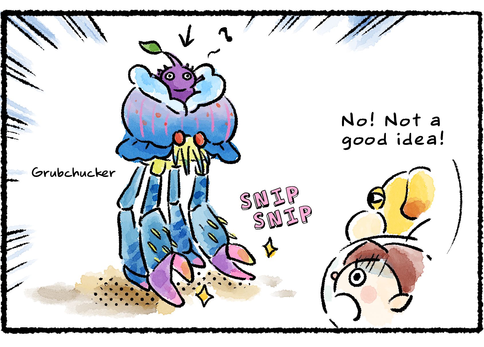 Panel three. The Purple Pikmin is riding in a Grubchucker's mouth. "No!" the Rescue Officer says. "Not a good idea!"