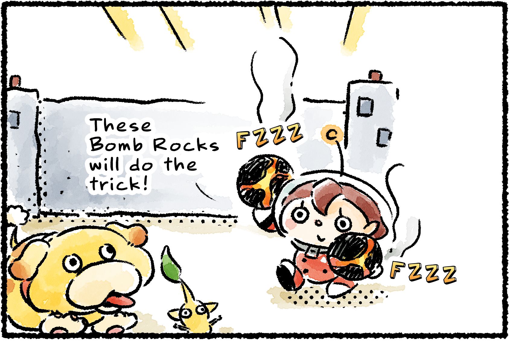 Panel one. A Rescue Officer stands by a reinforced wall, holding a Bomb Rock in each hand. "These Bomb Rocks will do the trick!" she says to Oatchi and a nearby Yellow Pikmin.