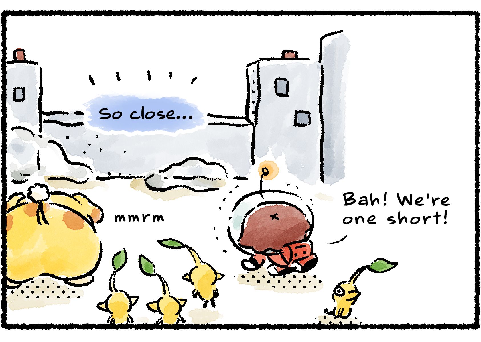 Panel two. Some Yellow Pikmin watch as the Rescue Officer throws the Bomb Rocks at the wall—but it only comes down part of the way. "Bah!" she says. "We're one short!" Oatchi makes a frustrated sound. Descriptive text reads, "So close..."