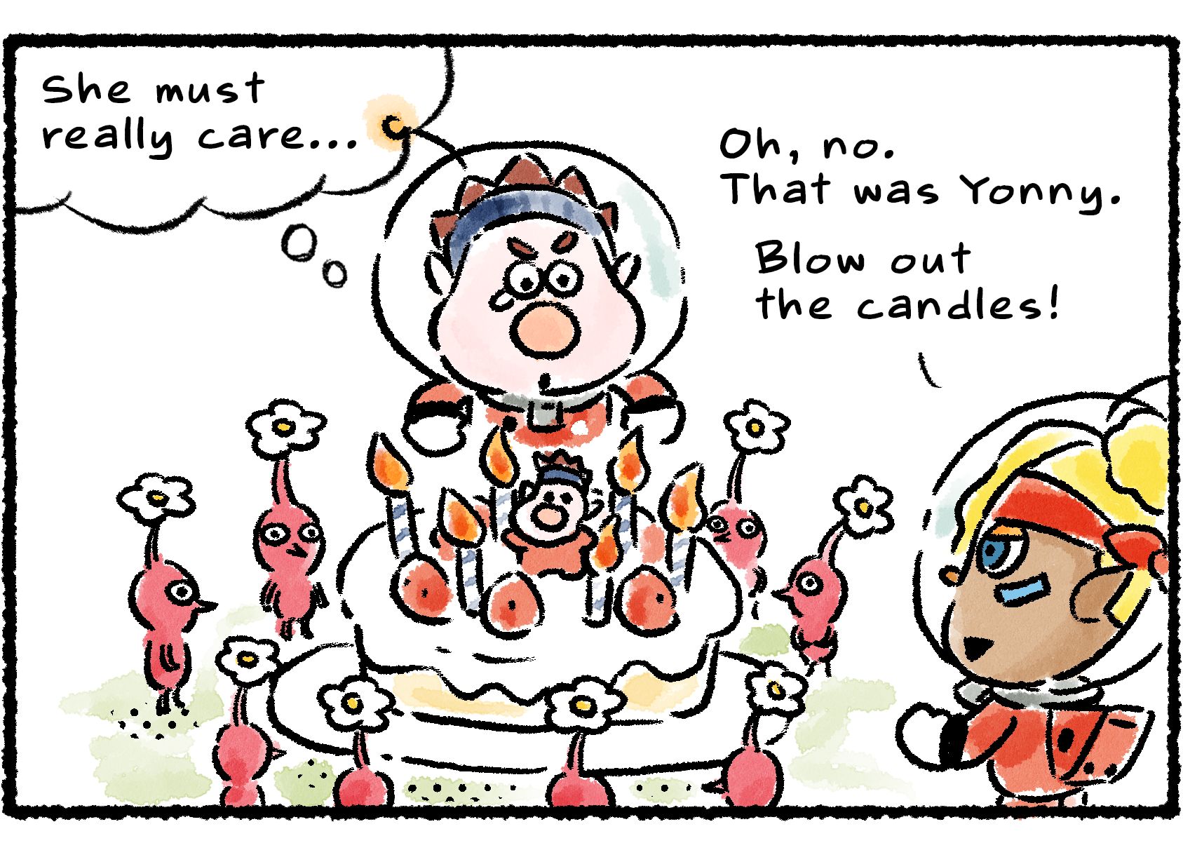 Panel two. "Actually," Shepherd says, "it was Yonny." Dingo looks at the cake with a tear in his eye and thinks, "She must really care..." Clearly he didn't hear that it was Yonny who baked the cake. Shepherd tells him to blow out the candles.