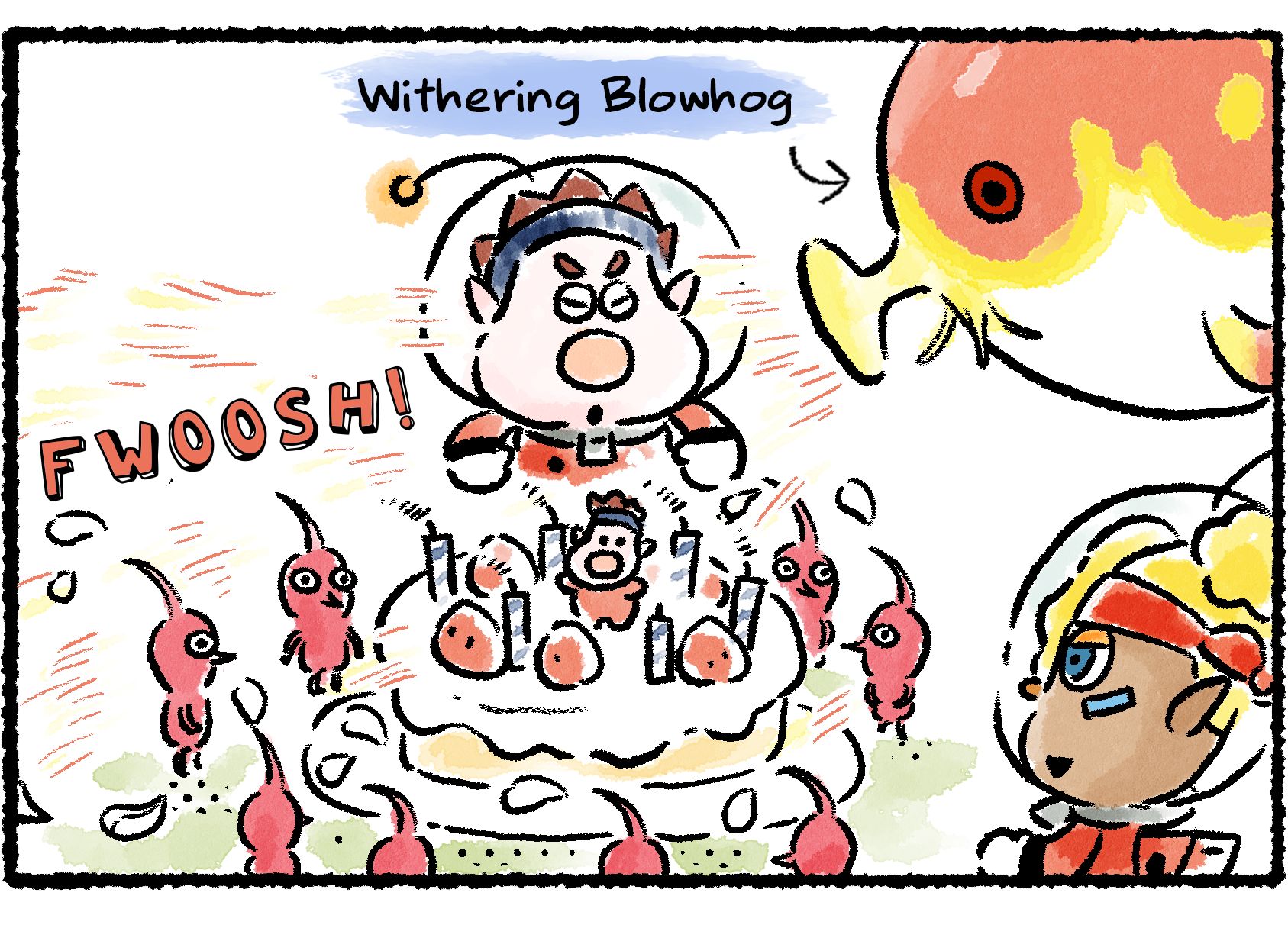Panel three. As Dingo goes to blow out the candles, a Withering Blowhog appears and beats him to it. The gust blows all the candles out and all the flowers off the Pikmin standing nearby.