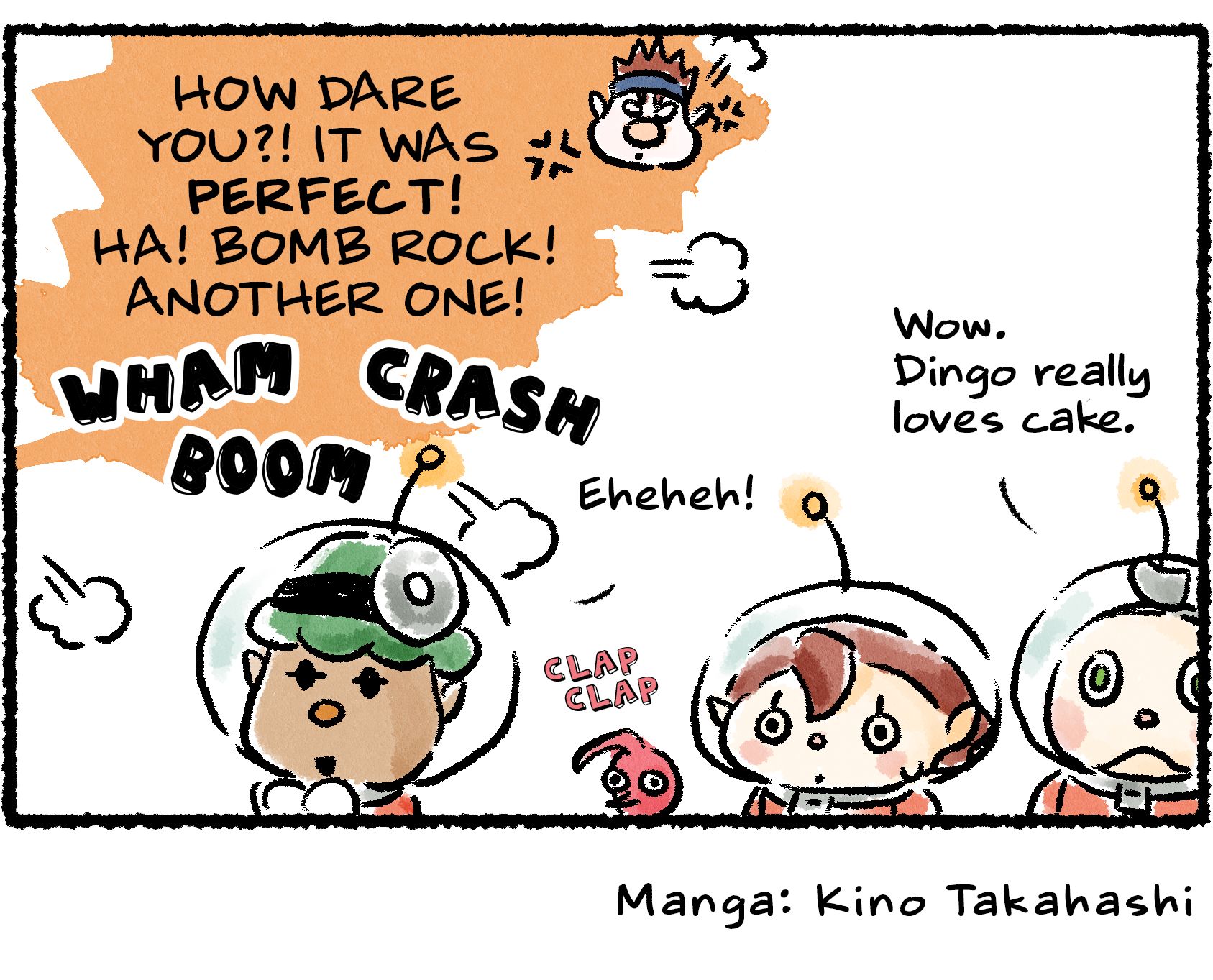Panel four. Yonny, Collin, and a Rescue Officer witness Dingo's anger off-panel. "HOW DARE YOU?! IT WAS PERFECT?!" A crash and explosion. "HA! BOMB ROCK! ANOTHER ONE!" Yonny says, "Look at that!" Collin says, "Wow. Dingo must really love cake."
