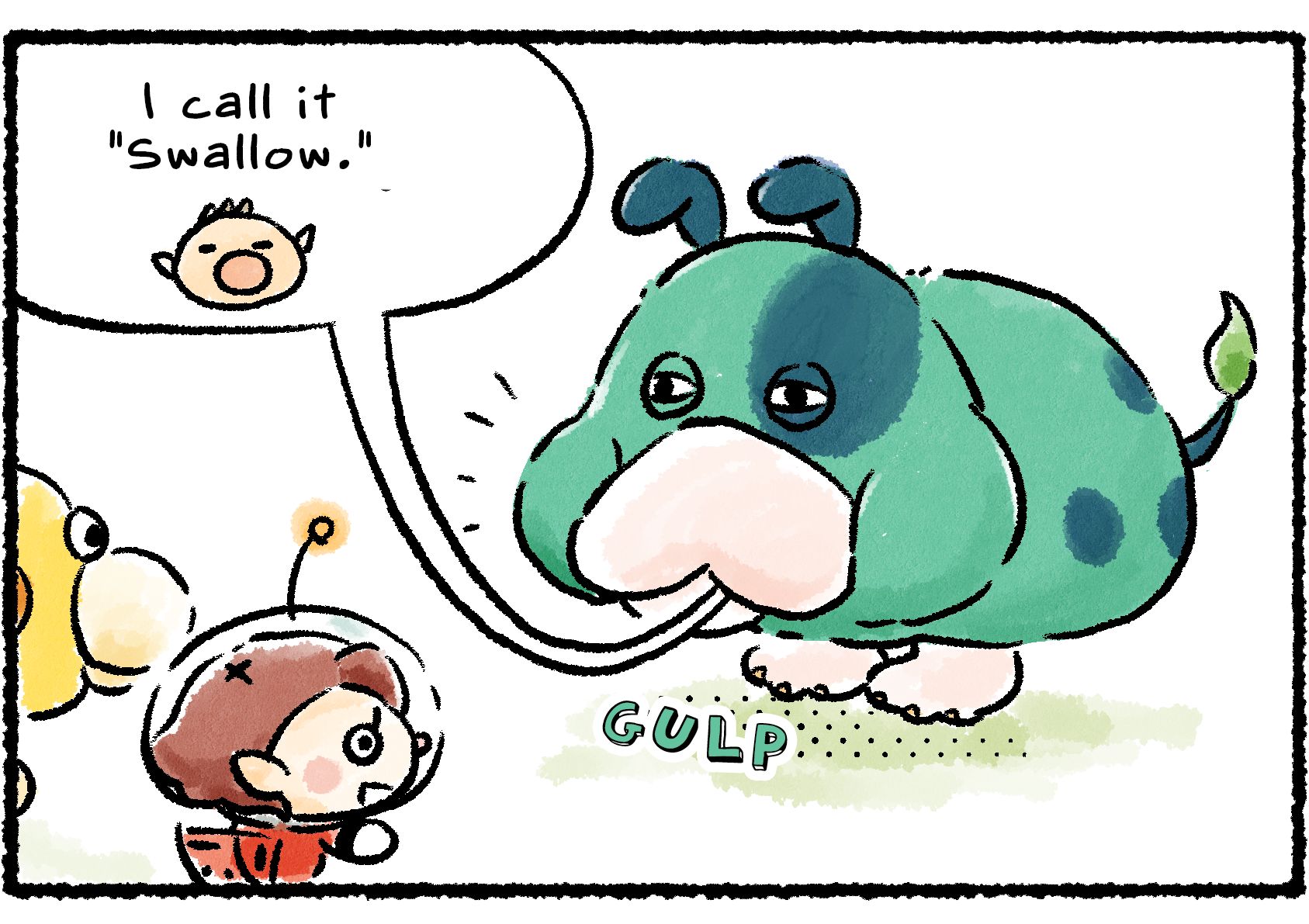 Panel two. "I call it 'Swallow,'" Olimar says. Moss gulps Olimar up and swallows him whole.