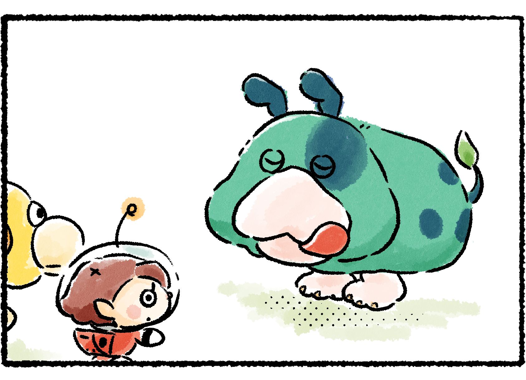 Panel three. Oatchi and the Rescue Officer stare blankly as Moss licks her chops.