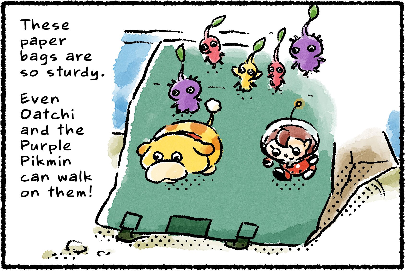 Panel one. Oatchi, a Rescue Officer, and a group of Pikmin walk down the side of a paper bag. "These paper bags are so sturdy," the Rescue Officer says. "Even Oatchi and the Purple Pikmin can walk on them!"