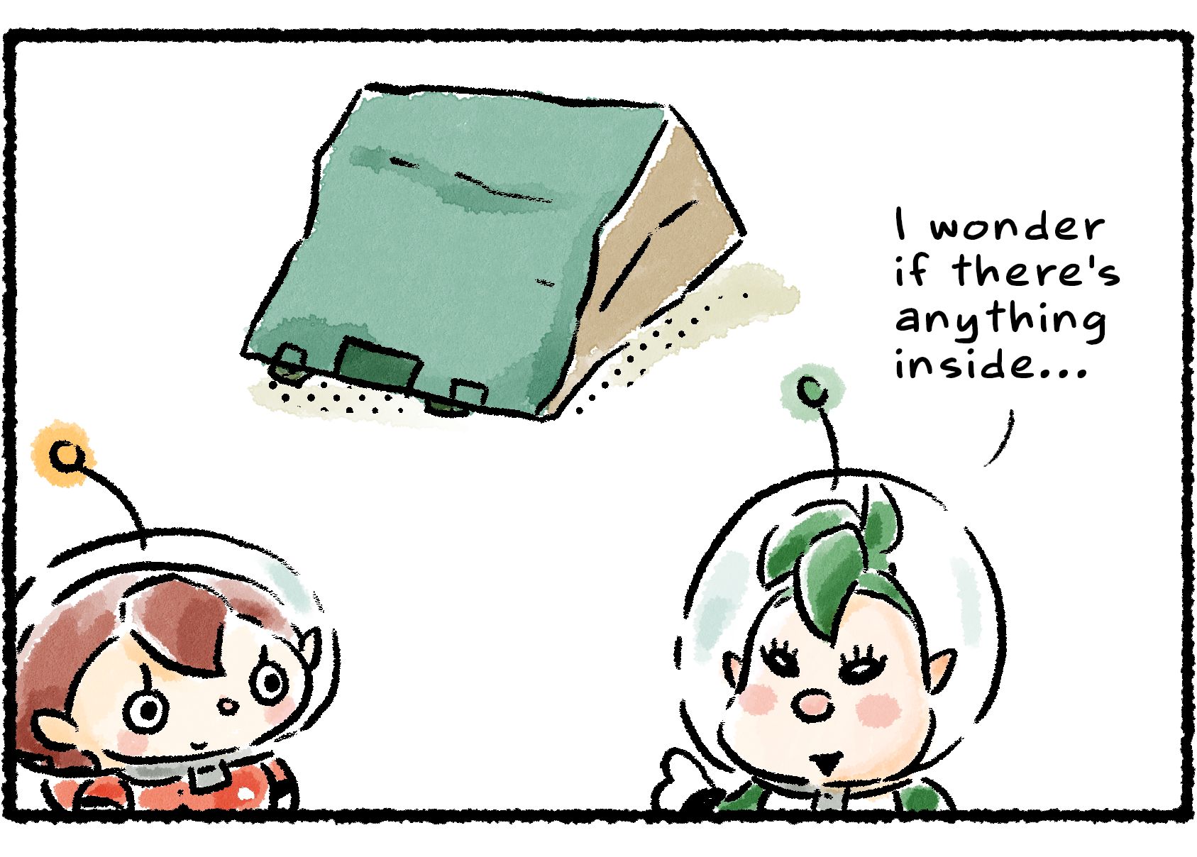 Panel two. Dalmo observes the sturdy paper bag and says, "I wonder if there's anything inside..."