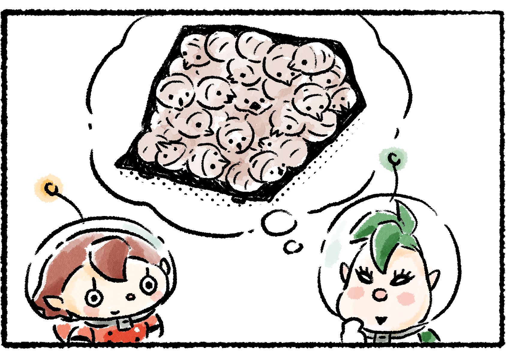 Panel three. Dalmo is imagining the inside of the paper bag completely packed with Sheargrubs.