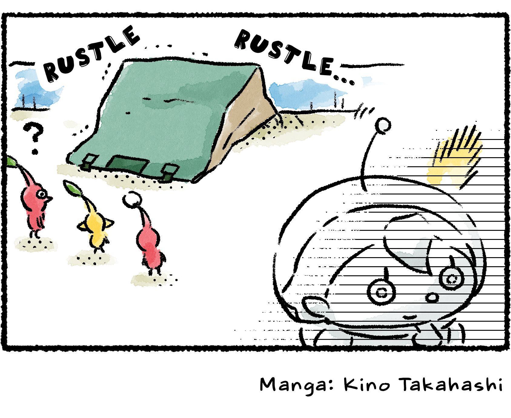 Panel four. The Pikmin seem concerned as the paper bag rustles from within. The Rescue Officer is having a wide-eyed realization.