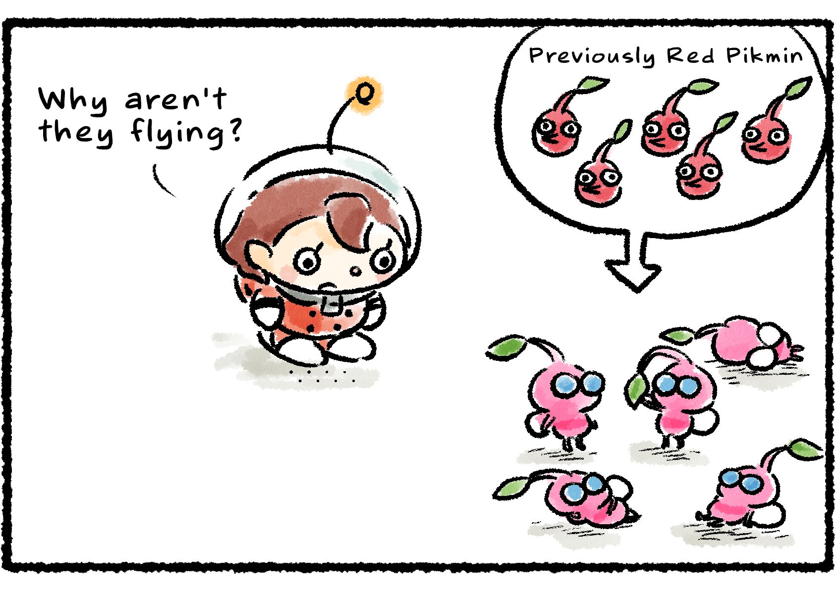 Panel two. The Red Pikmin from before have now changed into Winged Pikmin, but they're all standing around on the ground. "Why aren't they flying?" the Rescue Officer wonders.