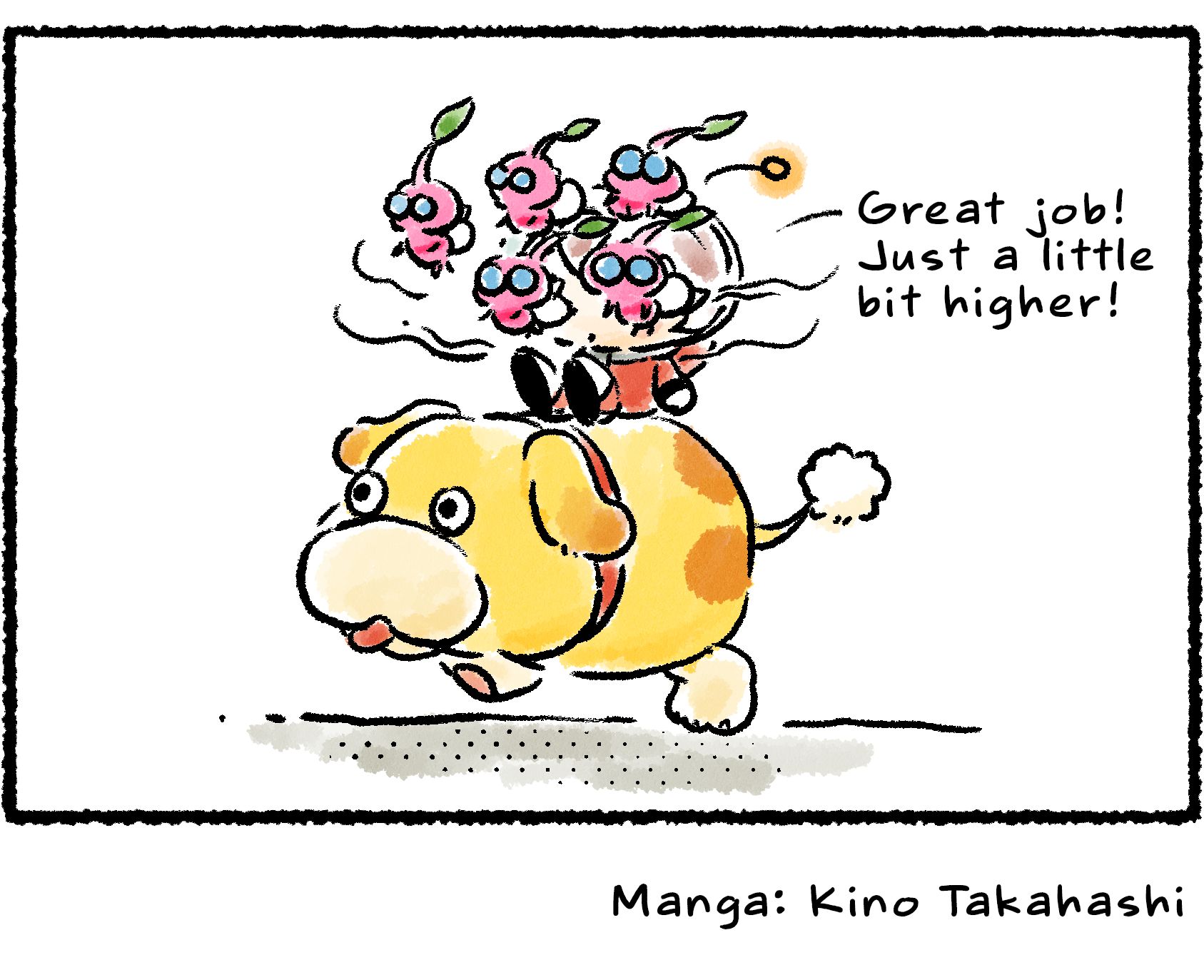 Panel four. The Rescue Officer rides on Oatchi's back, with a herd of Winged Pikmin hovering around her face. They're flying, but they're also totally blocking her view. "Great job!" she says. "Just a little bit higher!"