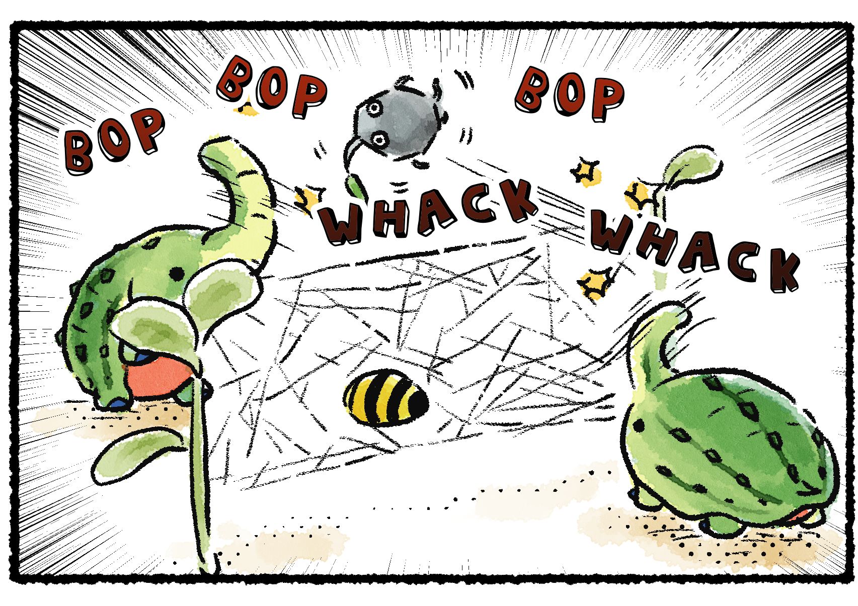 Panel two. The two Mammoth Snootwhackers stand on either side of an Arachnode's web, which they are using as a volleyball net. They bat a Rock Pikmin back and forth over the net with their trunks.