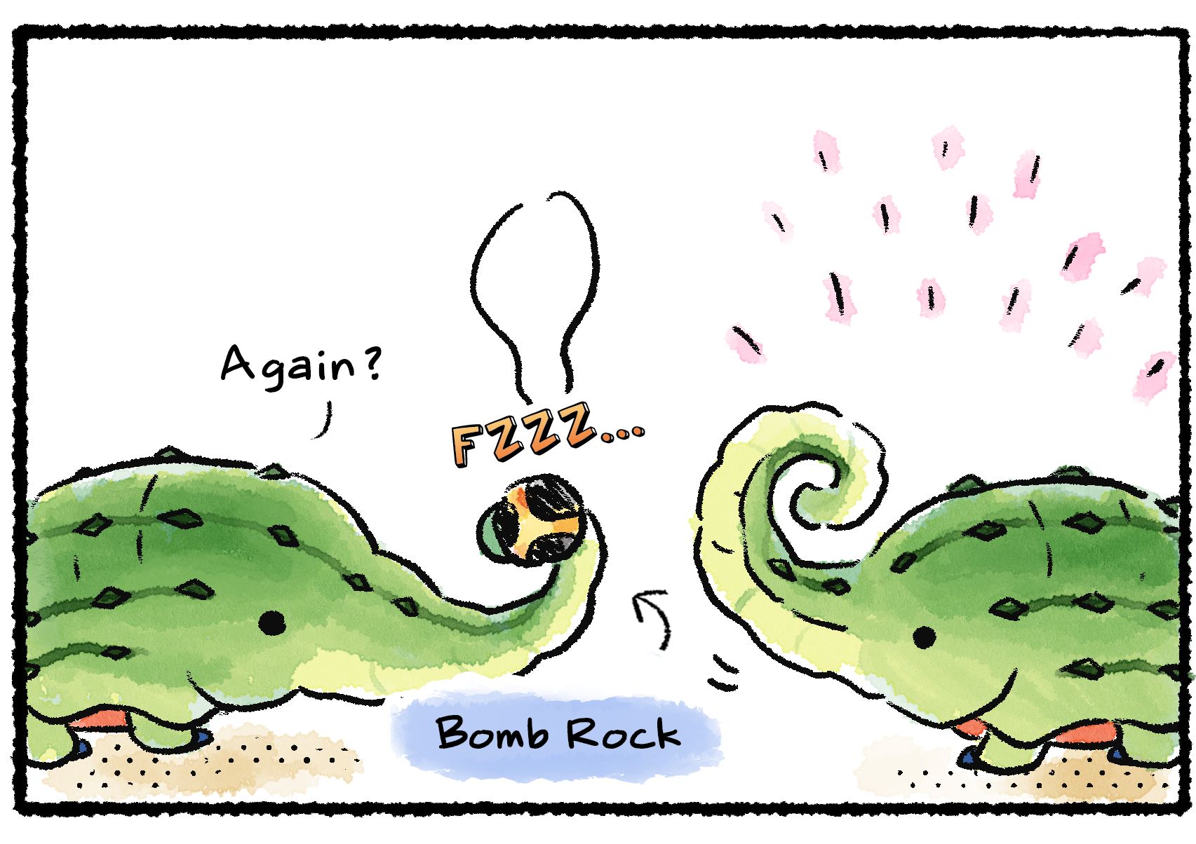 Panel three. The Mammoth Snootwhacker returns to ask to play ball, this time carrying a Bomb Rock in its trunk. "Again?" the other says, trunk held up excitedly.