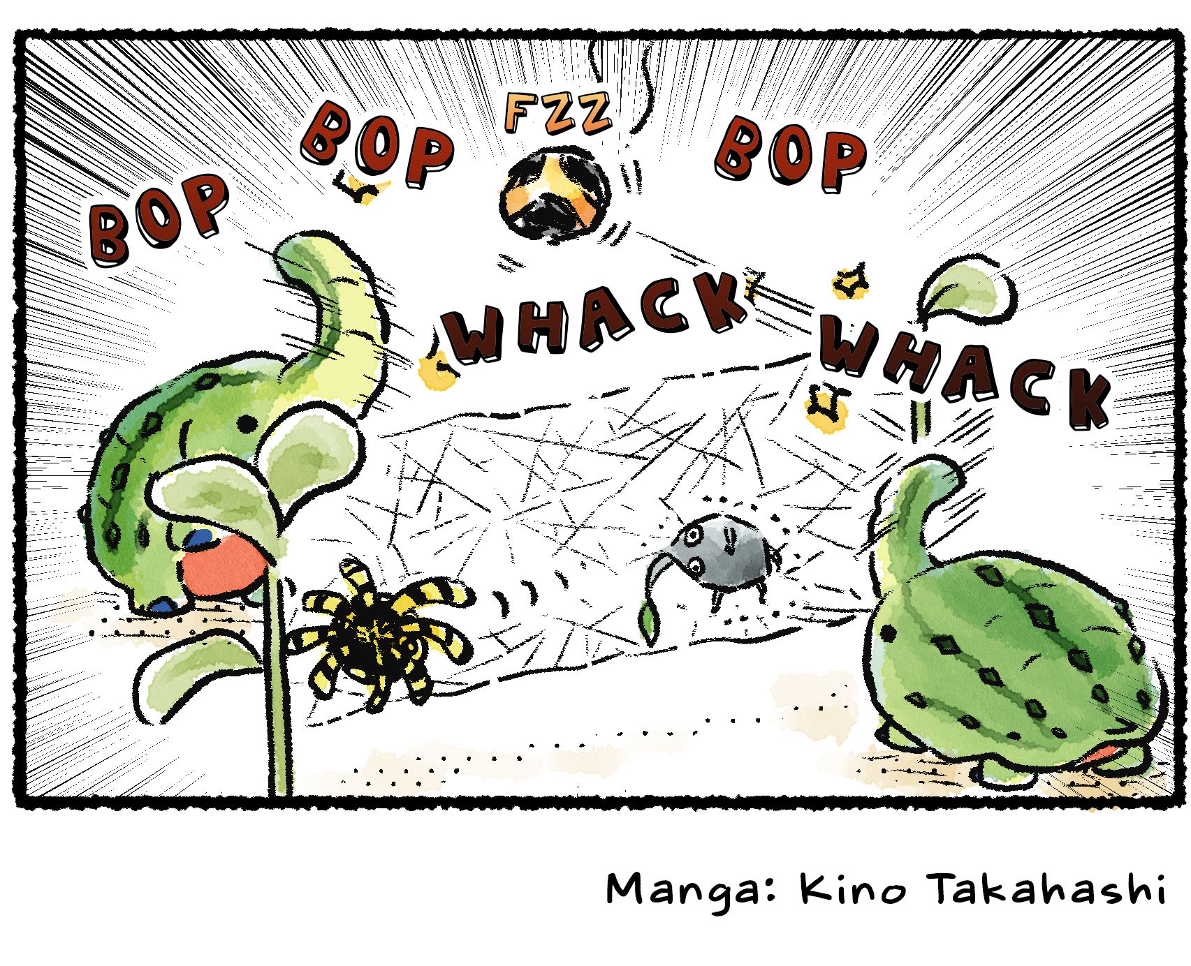 Panel four. The Mammoth Snootwhackers play again, this time with the Bomb Rock—which sounds like it's ready to explode at any moment. The Rock Pikmin from before is stuck with the Arachnode in its web.